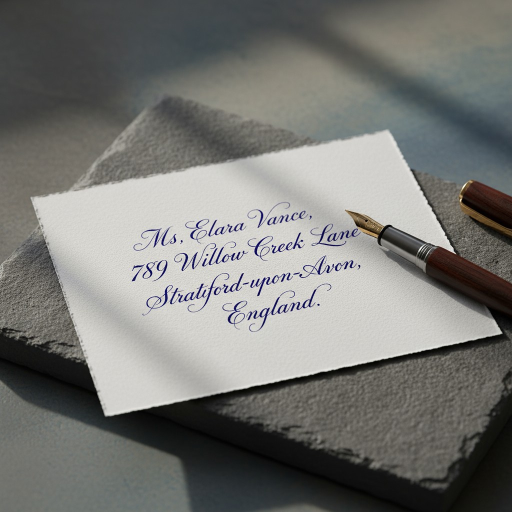 An envelope with a fountain pen and gray cloth mat.