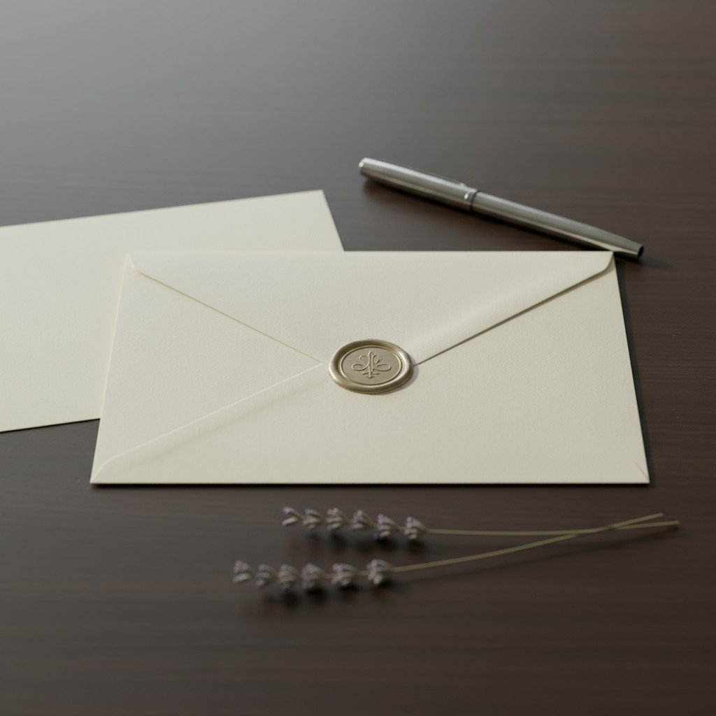 The envelope is sealed with a wax seal bearing a mark, and is placed on a table beside a pen and other objects.